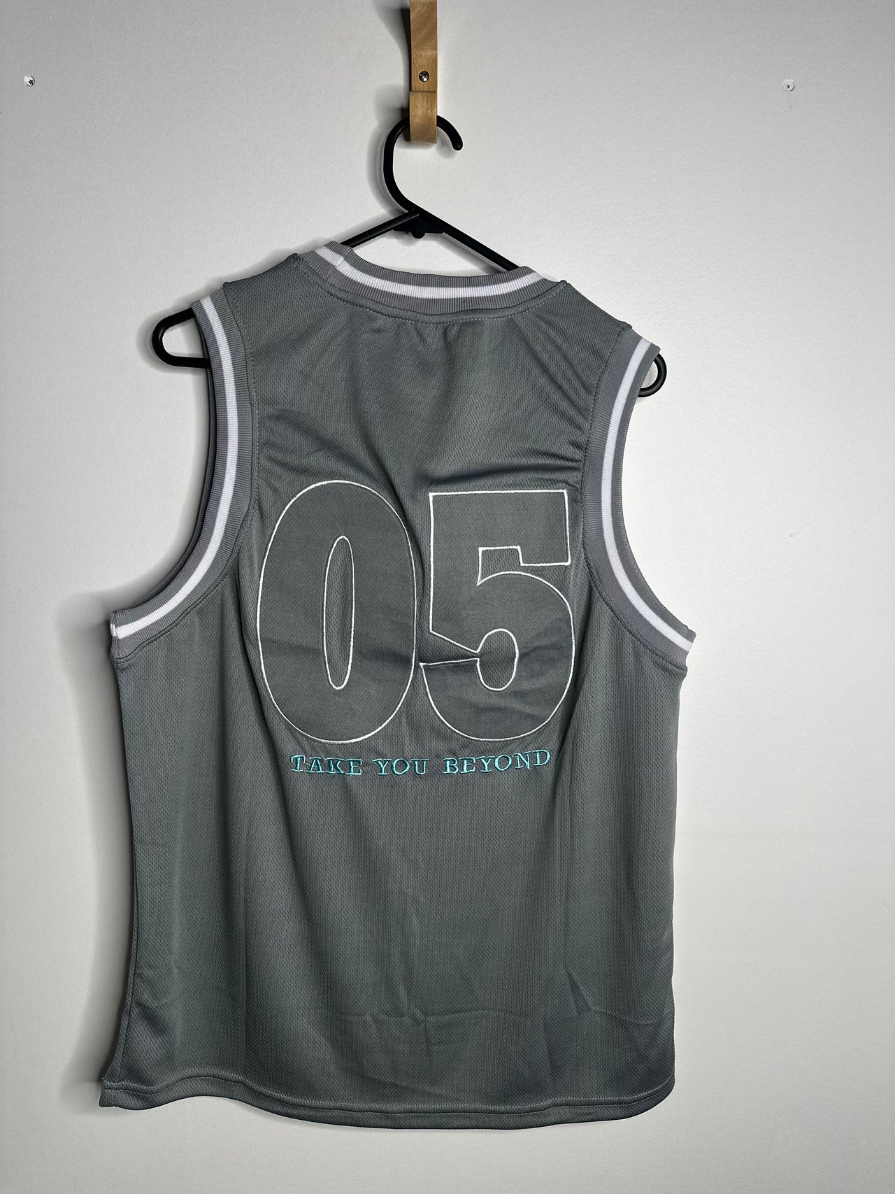 Grey and blue NBA singlet